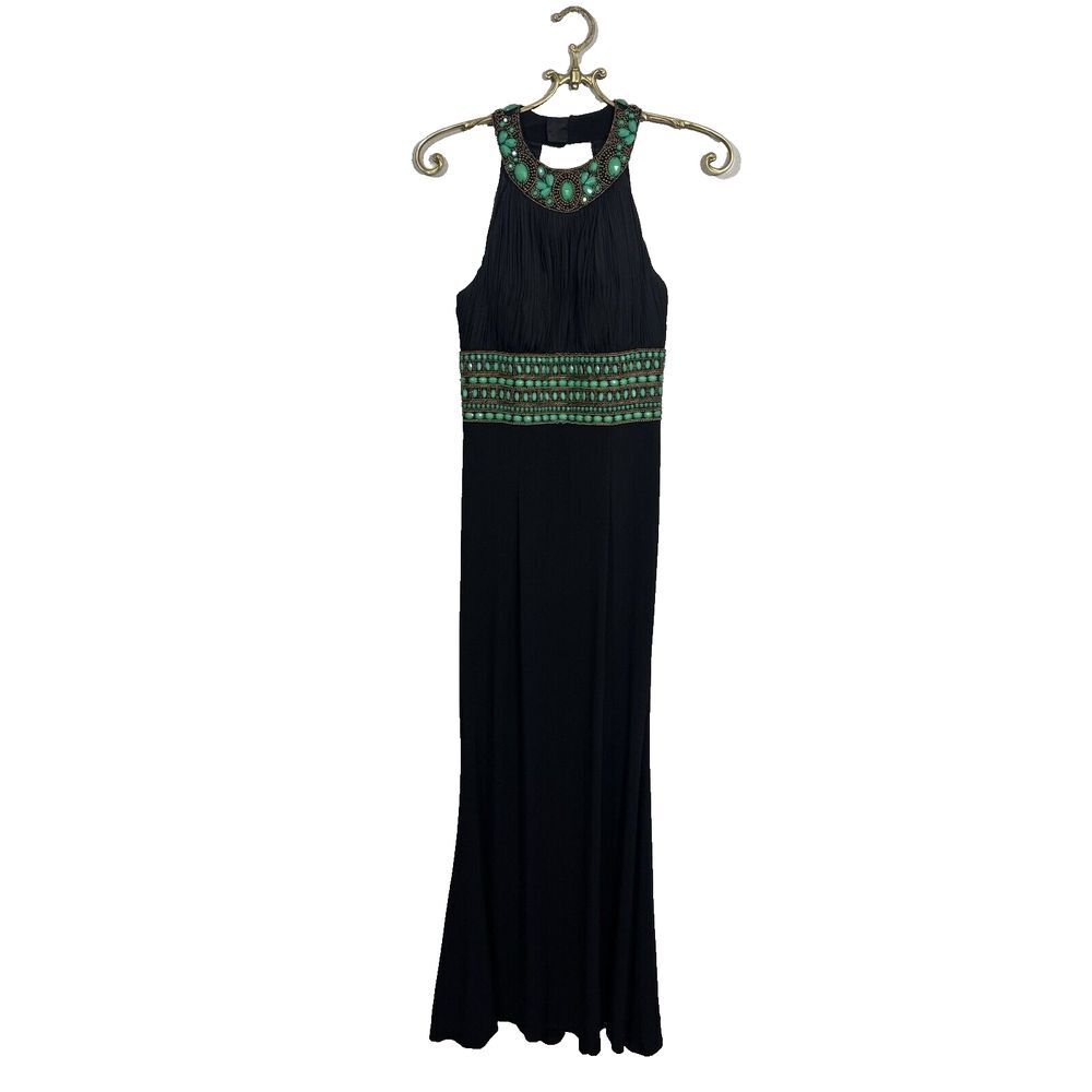 Sherri‎ Hill Formal Jersey Knit Black Maxi Dress with Hand Beading Size 4